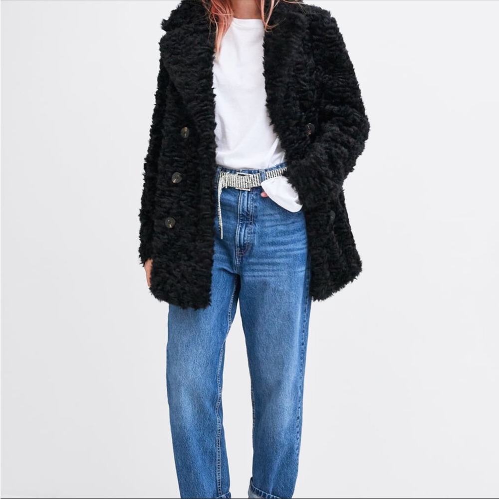 ZARA TEDDY WRAP COAT, SIZE Large BLACK, NWT